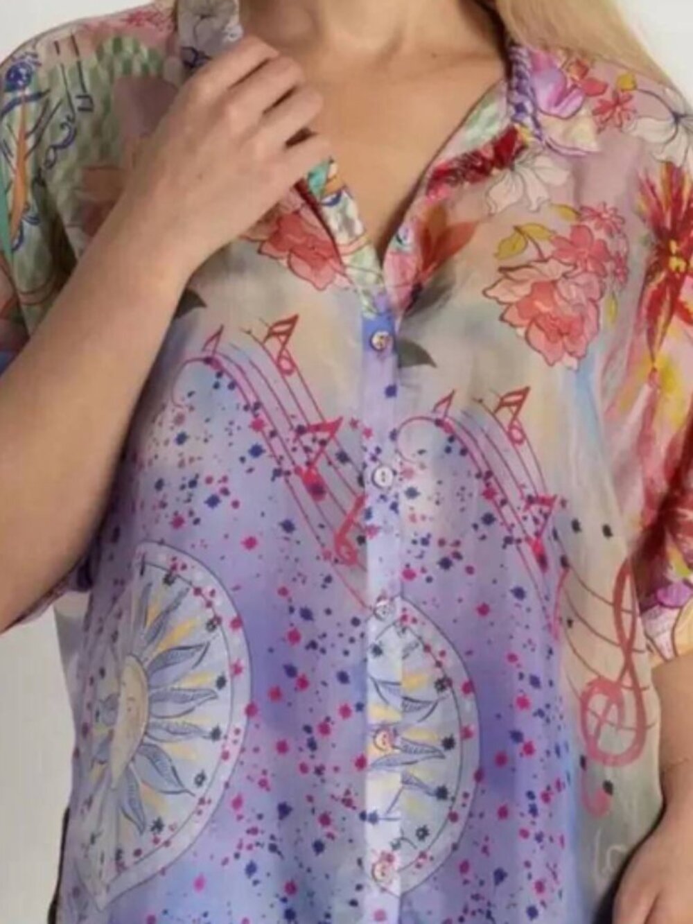 NEW w Tag sz M JOHNNY WAS Audrey Cindy Print short sleeve silk button up shirt